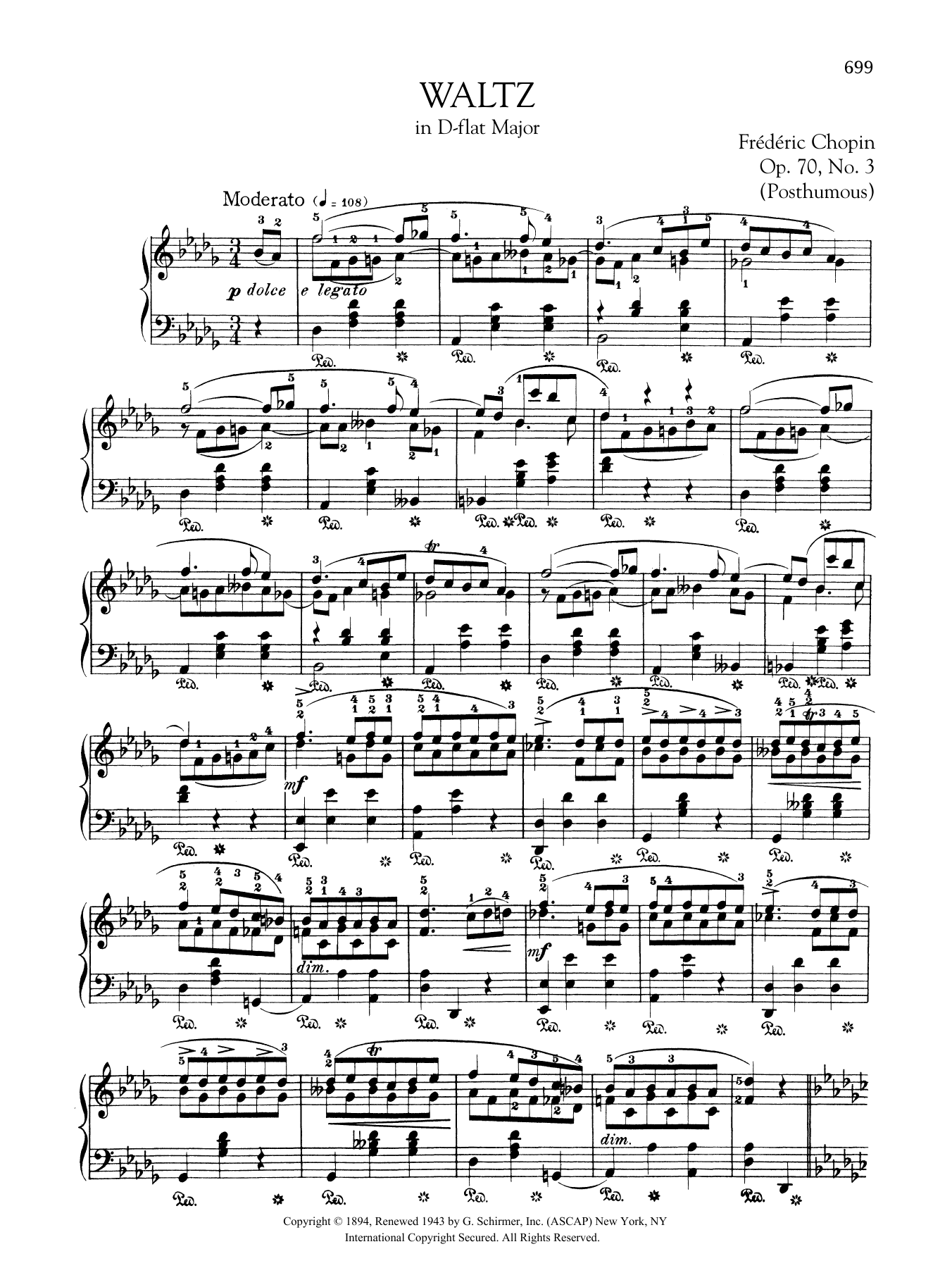 Learn to play Frederic Chopin Waltz in D-flat Major, Op. 70, No. 3 (Posthumous) sheet music for Piano Solo in minutes. Frederic Chopin Waltz in D-flat Major, Op. 70, No. 3 (Posthumous) sheet music preview music notes and score for Piano Solo including 3 page(s)