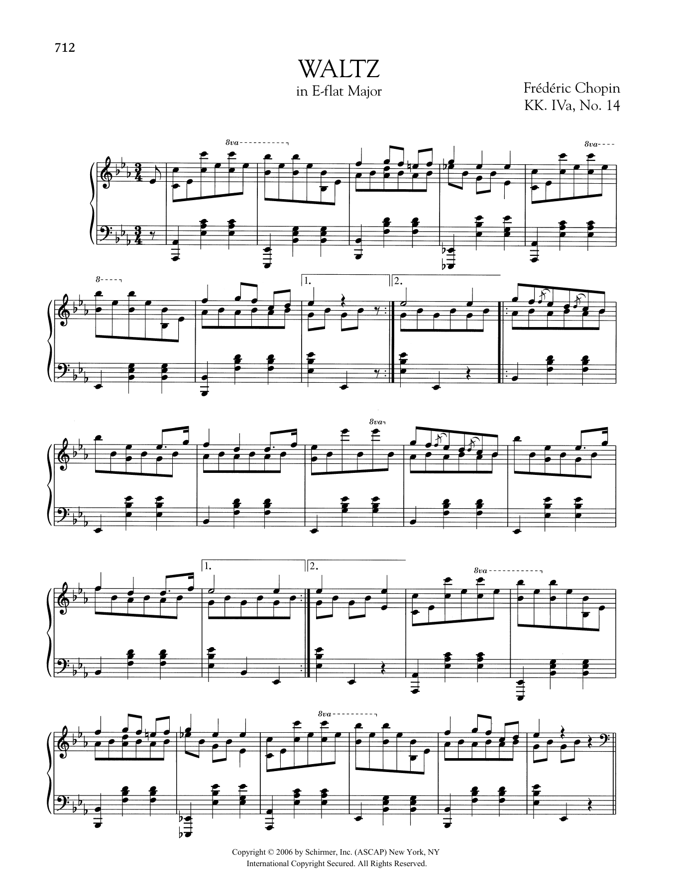 Learn to play Frederic Chopin Waltz in E-flat Major, KK. IVa, No. 14 sheet music for Piano Solo in minutes. Frederic Chopin Waltz in E-flat Major, KK. IVa, No. 14 sheet music preview music notes and score for Piano Solo including 3 page(s)