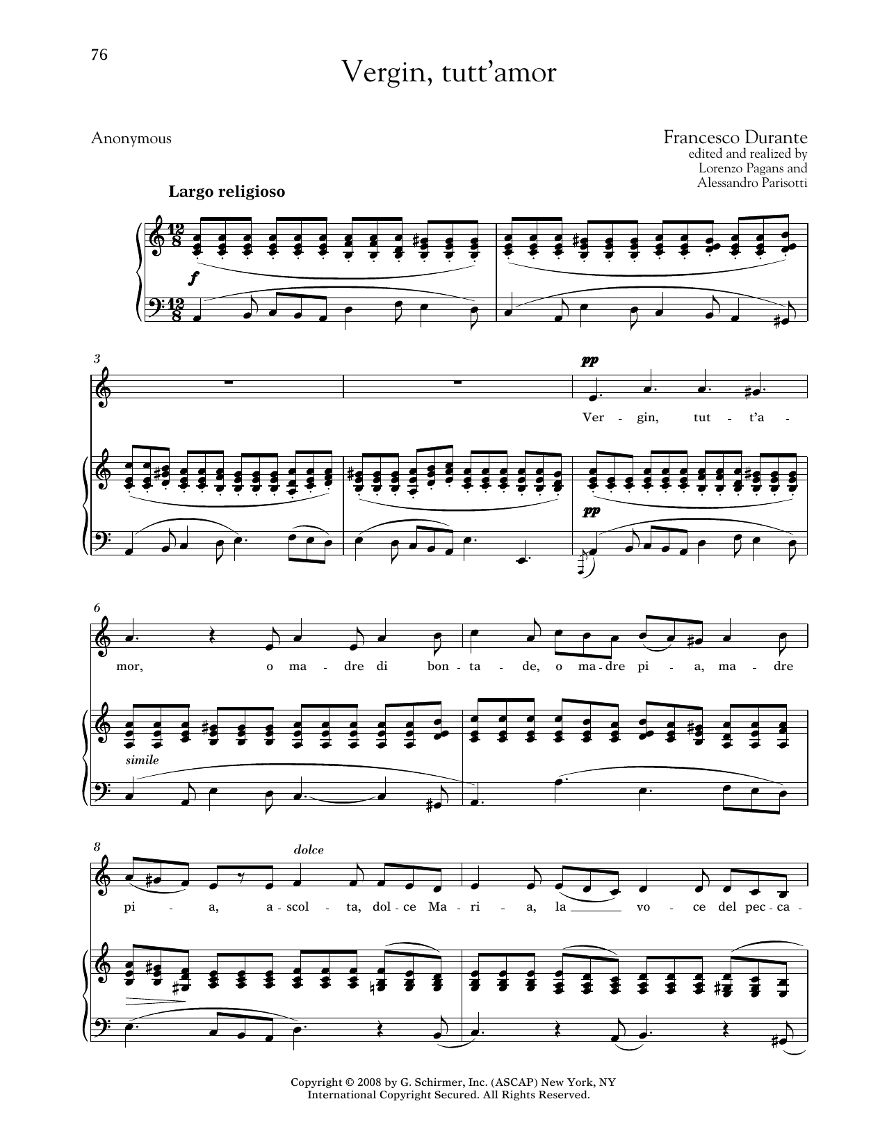 Francesco Durante Vergin, Tutt'amor (Medium Low Voice) sheet music, chords, lyrics - Printable PDF for Piano & Vocal