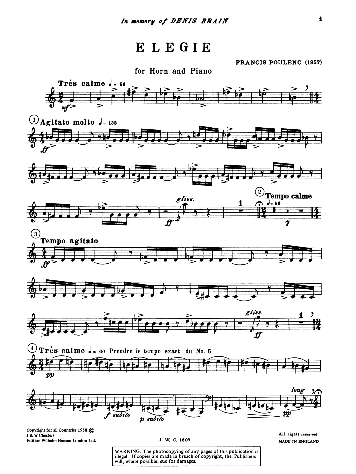 Francis Poulenc Elegie for Horn and Piano sheet music, chords, lyrics - Printable PDF for French Horn