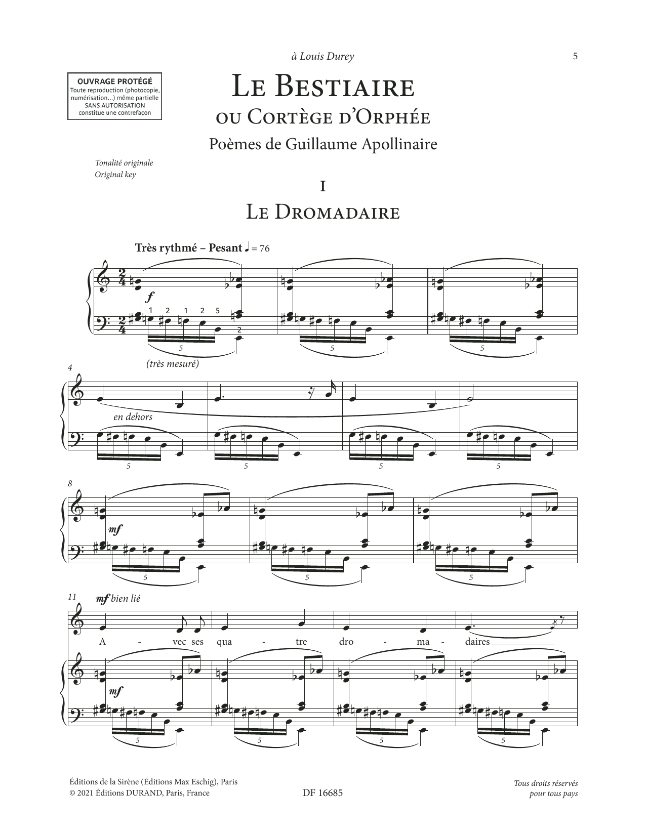 Francis Poulenc Le Bestiaire ou le Cortège d'Orphée (Low Voice) sheet music, chords, lyrics - Printable PDF for Piano & Vocal