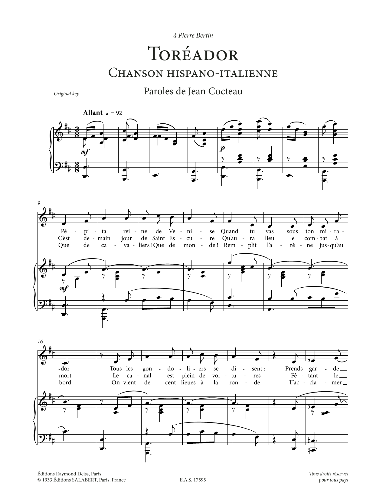 Francis Poulenc Toréador sheet music, chords, lyrics - Printable PDF for Piano & Vocal