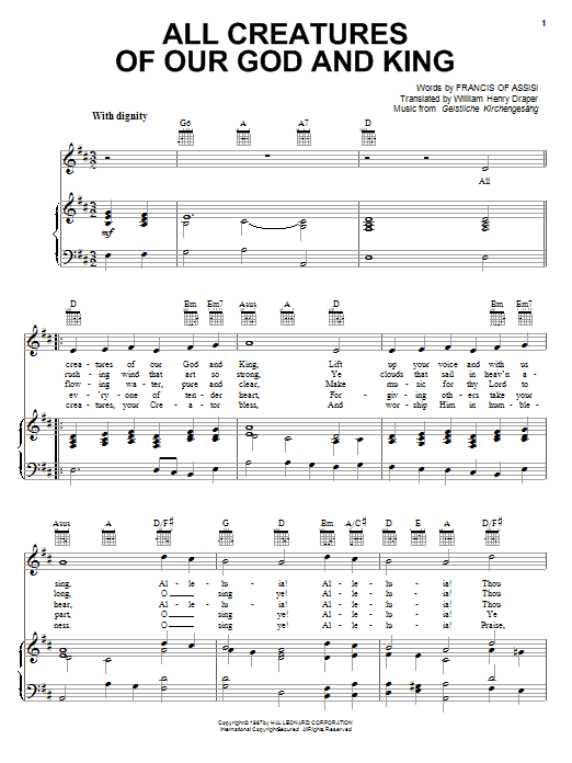 Learn to play Francis of Assisi All Creatures Of Our God And King sheet music for Piano, Vocal & Guitar (Right-Hand Melody) in minutes. Francis of Assisi All Creatures Of Our God And King sheet music notes and chords