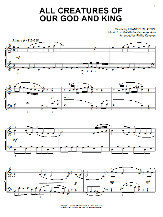Learn to play Francis of Assisi All Creatures Of Our God And King sheet music for Piano in minutes. Francis of Assisi All Creatures Of Our God And King sheet music preview music notes and score for Piano including 5 page(s)