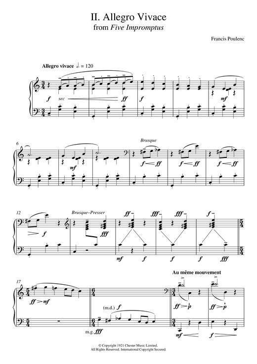 Learn to play Francis Poulenc Allegro Vivace (From Five Impromptus) sheet music for Piano in minutes. Francis Poulenc Allegro Vivace (From Five Impromptus) sheet music preview music notes and score for Piano including 3 page(s)