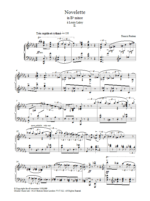 Learn to play Francis Poulenc Novelette In B Flat Minor, II (from the Three Novelettes) sheet music for Piano in minutes. Francis Poulenc Novelette In B Flat Minor, II (from the Three Novelettes) sheet music preview music notes and score for Piano including 4 page(s)