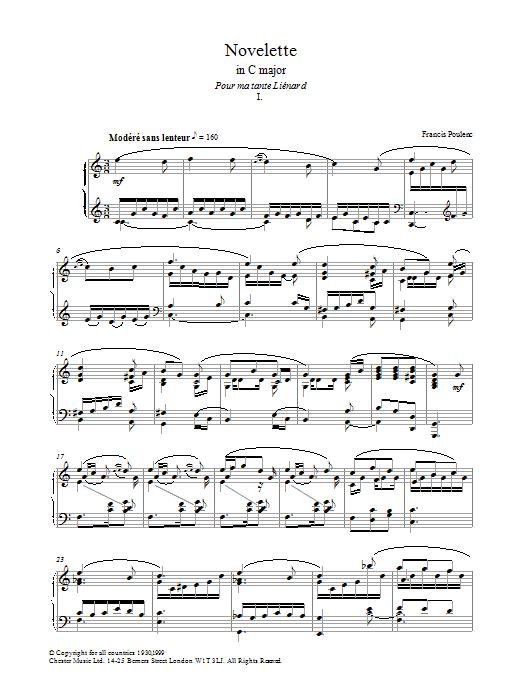 Francis Poulenc Novelette In C Major, I (from the Three Novelettes) sheet music preview music notes and score for Piano including 4 page(s)
