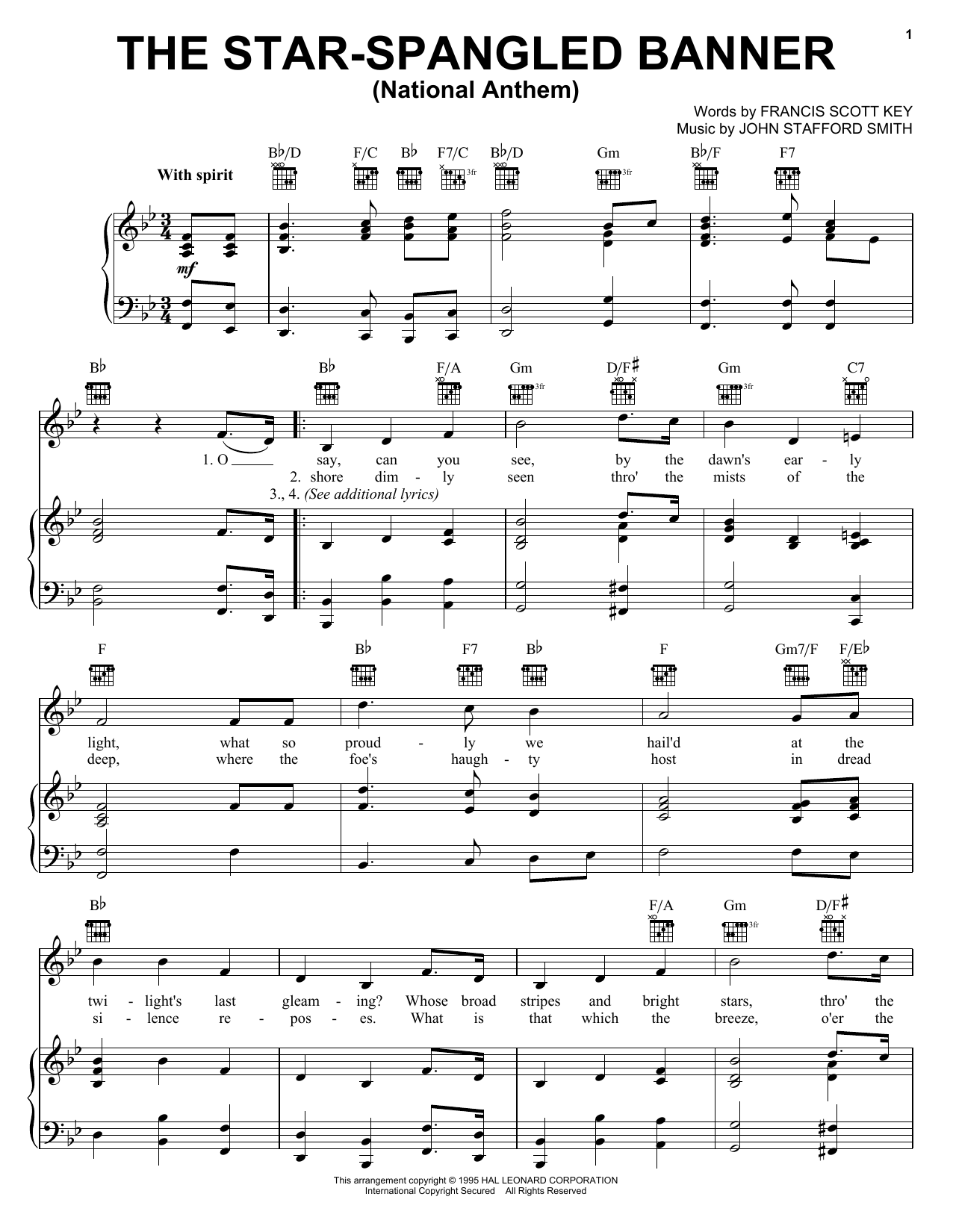 Learn to play John Stafford Smith The Star Spangled Banner sheet music for Piano, Vocal & Guitar (Right-Hand Melody) in minutes. John Stafford Smith The Star Spangled Banner sheet music preview music notes and score for Piano, Vocal & Guitar (Right-Hand Melody) including 3 page(s)