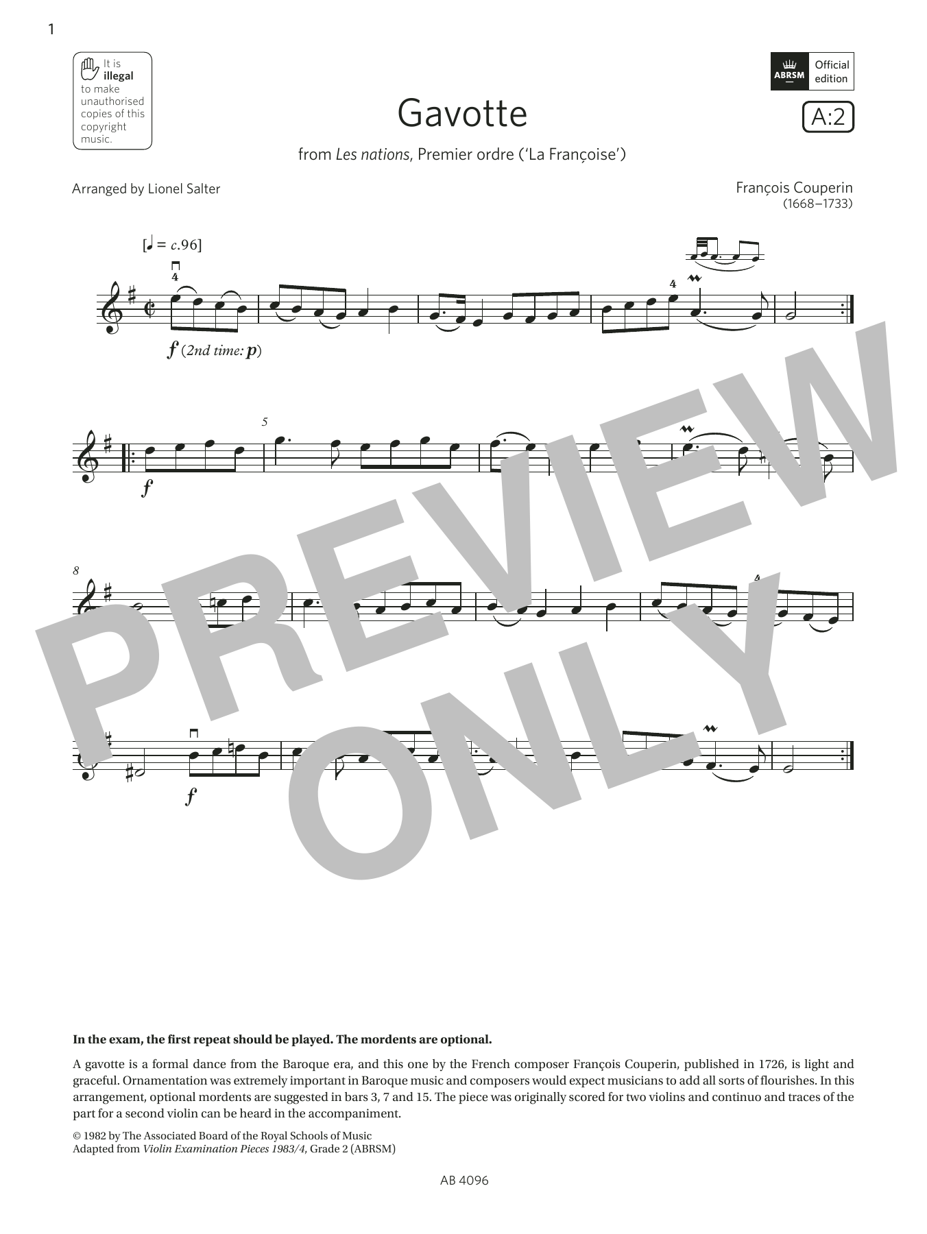 François Couperin Gavotte (Grade 2, A2, from the ABRSM Violin Syllabus from 2024) sheet music, chords, lyrics - Printable PDF for Violin Solo