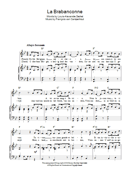 Learn to play François van Campenhout La Brabanconne (Belgian National Anthem) sheet music for Piano, Vocal & Guitar (Right-Hand Melody) in minutes. François van Campenhout La Brabanconne (Belgian National Anthem) sheet music preview music notes and score for Piano, Vocal & Guitar (Right-Hand Melody) including 2 page(s)