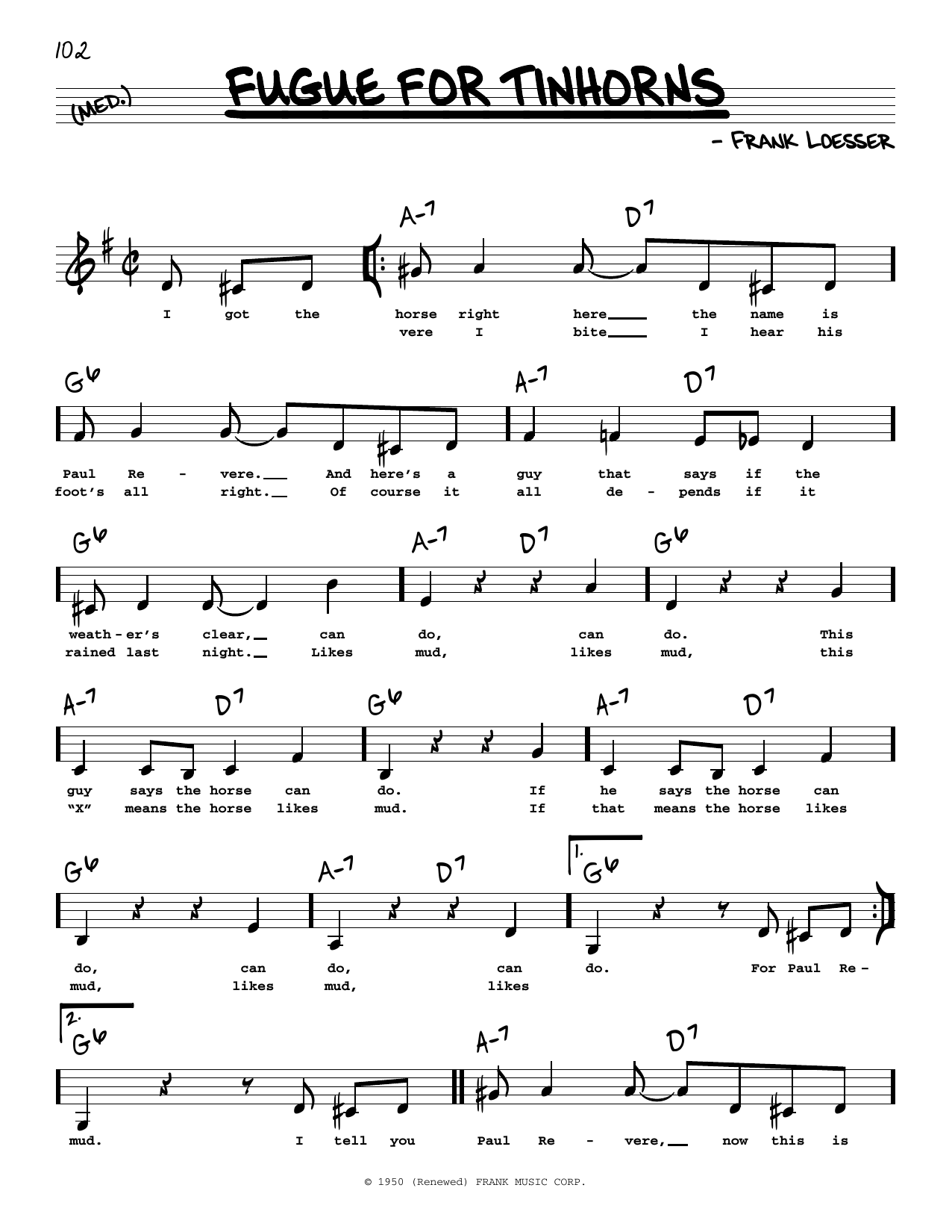 Frank Loesser Fugue For Tinhorns (Low Voice) sheet music, chords, lyrics - Printable PDF for Real Book – Melody, Lyrics & Chords
