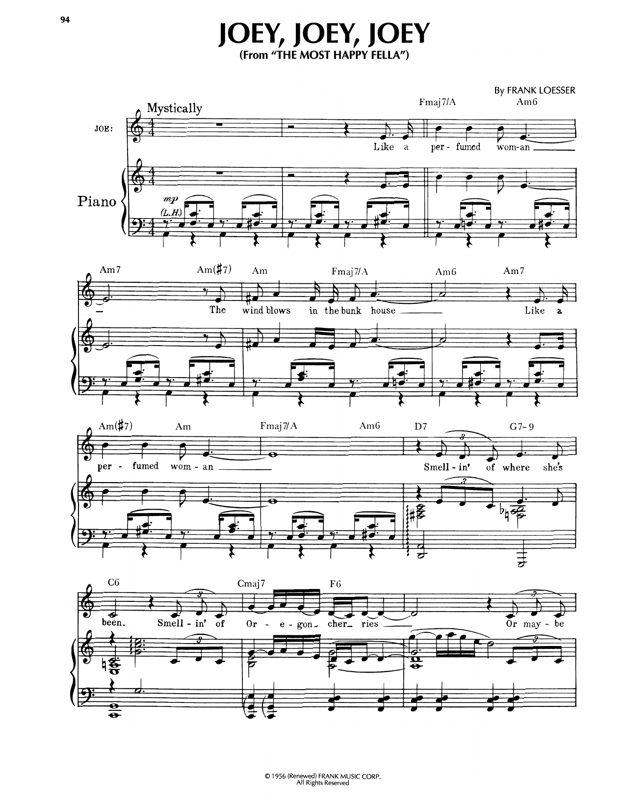 Frank Loesser Joey, Joey, Joey (from The Most Happy Fella) sheet music, chords, lyrics - Printable PDF for Piano, Vocal & Guitar Chords (Right-Hand Melody)