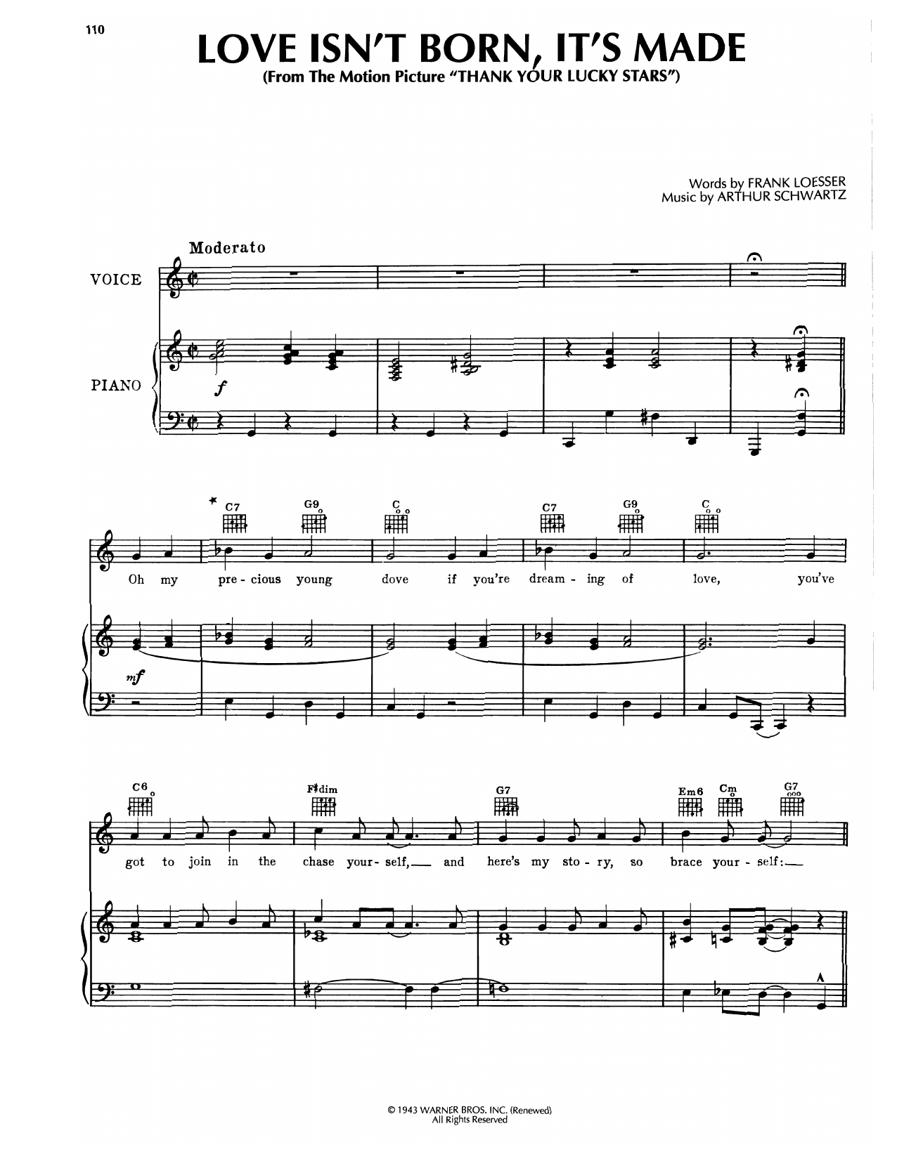 Frank Loesser Love Isn't Born, It's Made (from Thank Your Lucky Stars) sheet music, chords, lyrics - Printable PDF for Piano, Vocal & Guitar Chords (Right-Hand Melody)