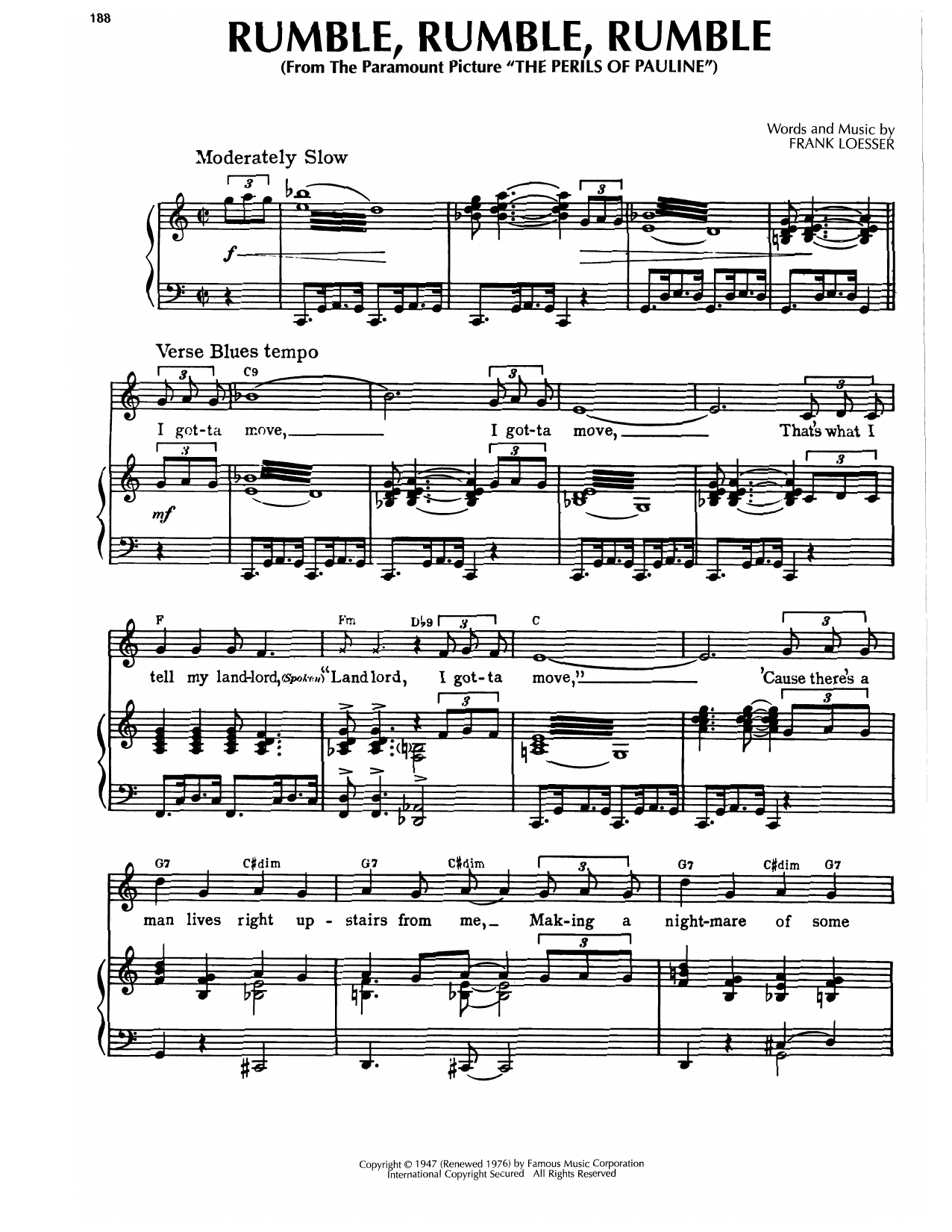 Frank Loesser Rumble, Rumble, Rumble (from The Perils Of Pauline) sheet music, chords, lyrics - Printable PDF for Piano, Vocal & Guitar Chords (Right-Hand Melody)