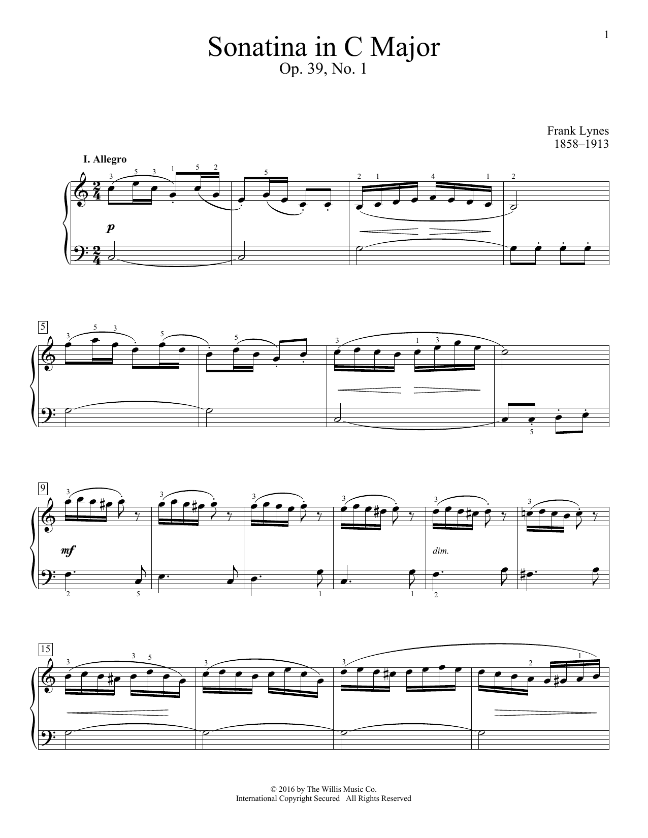 Frank Lynes Sonatina In C Major, Op. 39, No. 1 sheet music, chords, lyrics - Printable PDF for Educational Piano