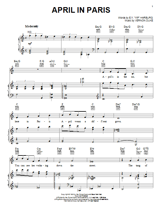 Download Frank Sinatra April In Paris sheet music notes and chords for Piano, Vocal & Guitar (Right-Hand Melody) - Download Printable PDF and start playing in minutes.