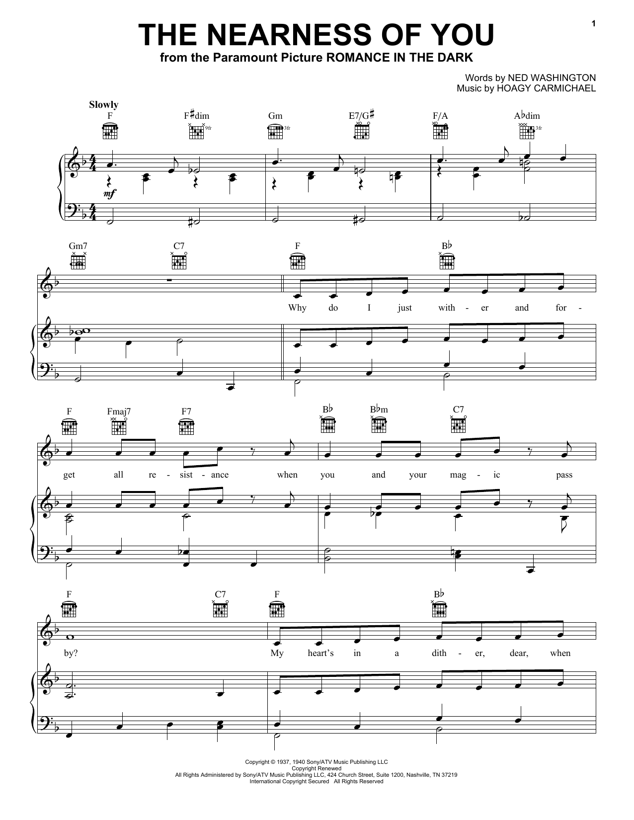 Download Frank Sinatra The Nearness Of You sheet music notes and chords for Piano, Vocal & Guitar (Right-Hand Melody) - Download Printable PDF and start playing in minutes.