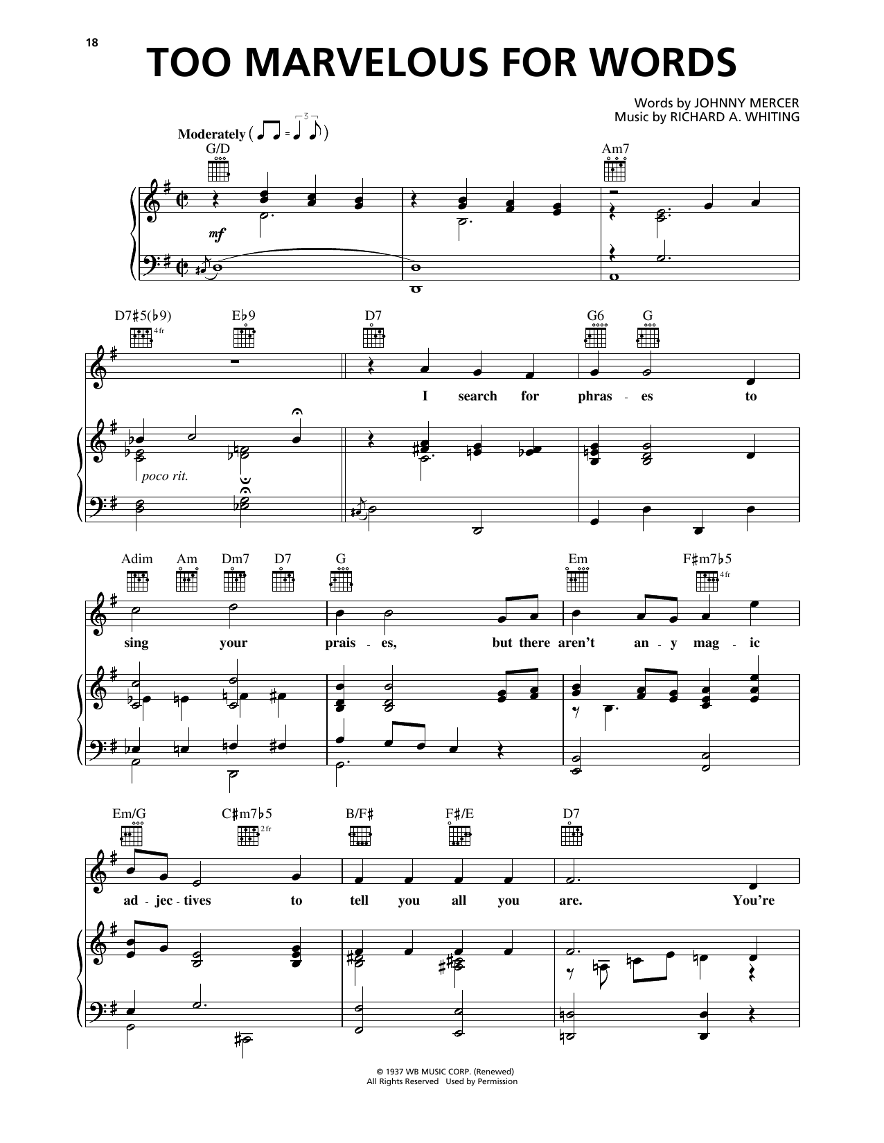 Frank Sinatra Too Marvelous For Words sheet music, chords, lyrics - Printable PDF for Piano, Vocal & Guitar Chords (Right-Hand Melody)