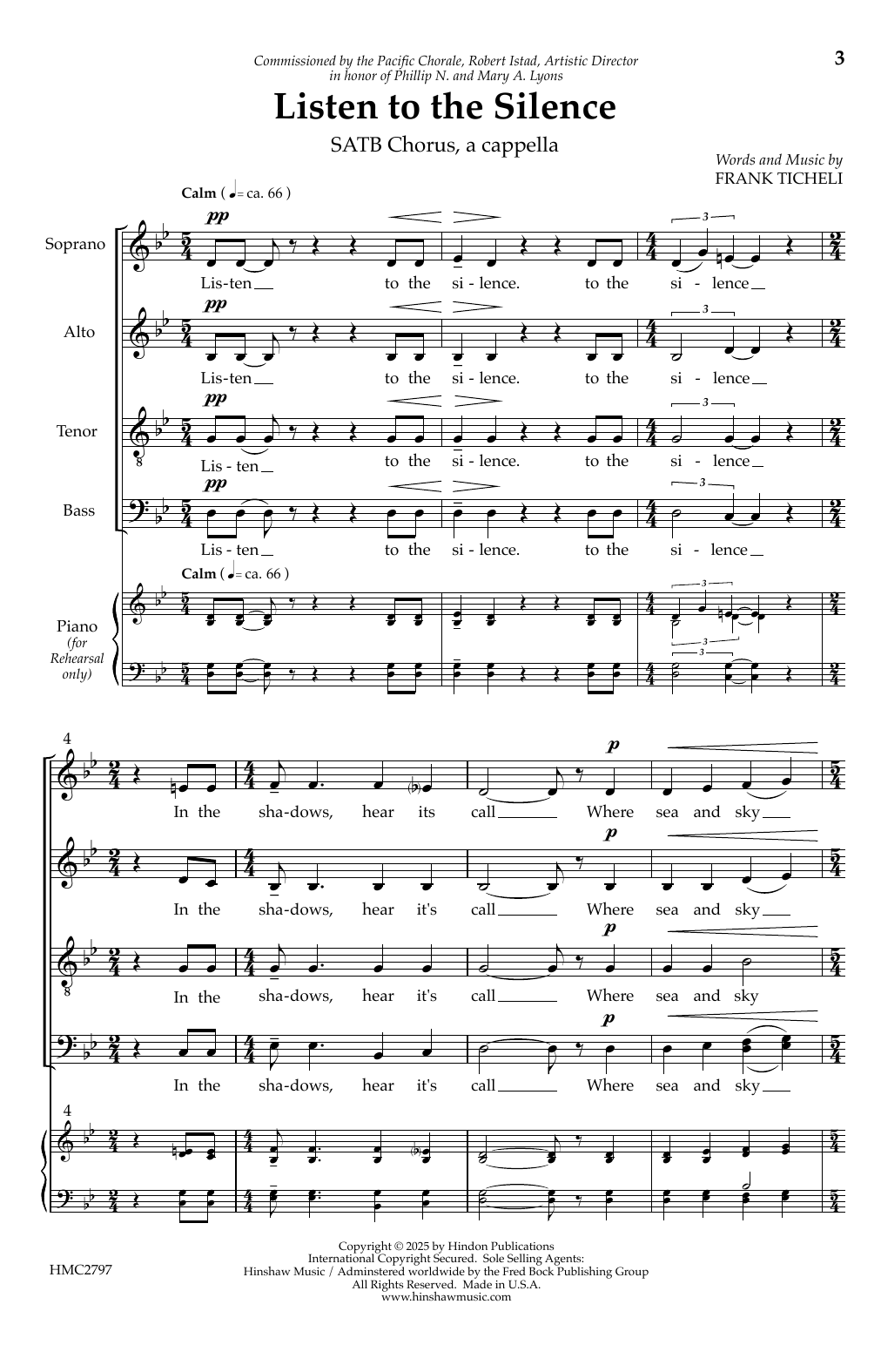 Frank Ticheli Listen to the silence sheet music, chords, lyrics - Printable PDF for SATB Choir