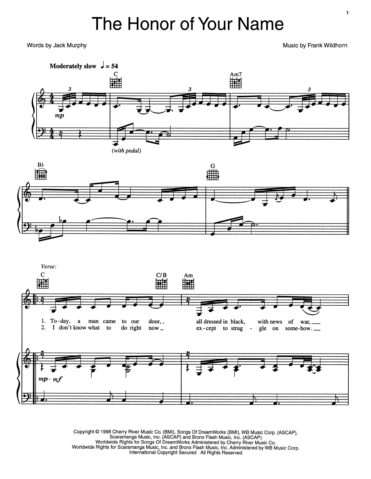 Frank Wildhorn The Honor Of Your Name sheet music, chords, lyrics - Printable PDF for Piano, Vocal & Guitar (Right-Hand Melody)