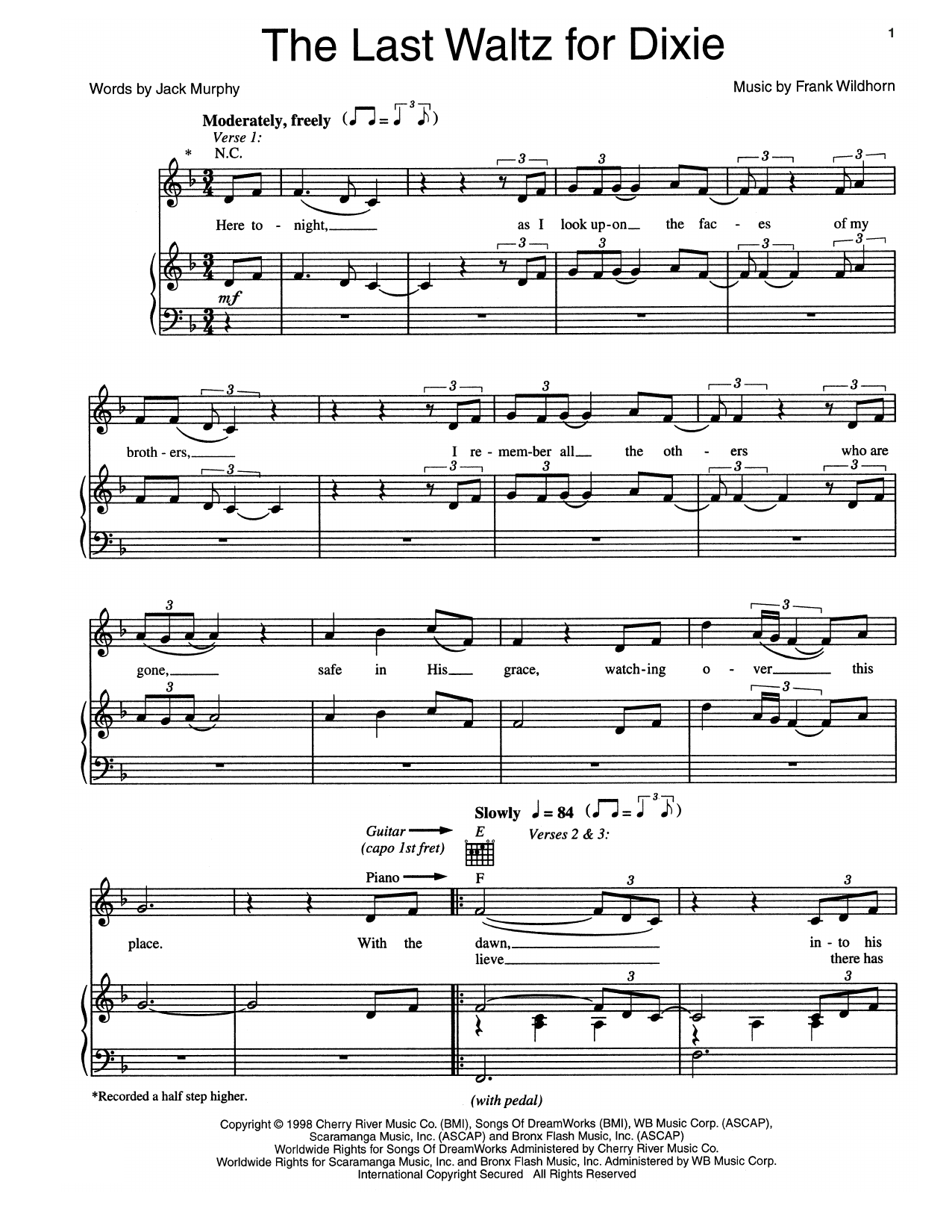 Frank Wildhorn The Last Waltz For Dixie sheet music, chords, lyrics - Printable PDF for Piano, Vocal & Guitar (Right-Hand Melody)