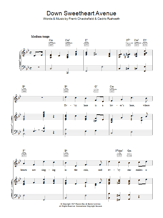 Learn to play Frank Chacksfield Down Sweetheart Avenue sheet music for Piano, Vocal & Guitar (Right-Hand Melody) in minutes. Frank Chacksfield Down Sweetheart Avenue sheet music preview music notes and score for Piano, Vocal & Guitar (Right-Hand Melody) including 4 page(s)