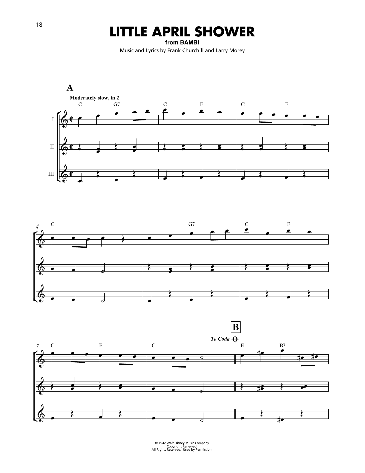 Learn to play Frank Churchill Little April Shower (from Disney's Bambi) sheet music for Ukulele Ensemble in minutes. Frank Churchill Little April Shower (from Disney's Bambi) sheet music preview music notes and score for Ukulele Ensemble including 2 page(s)