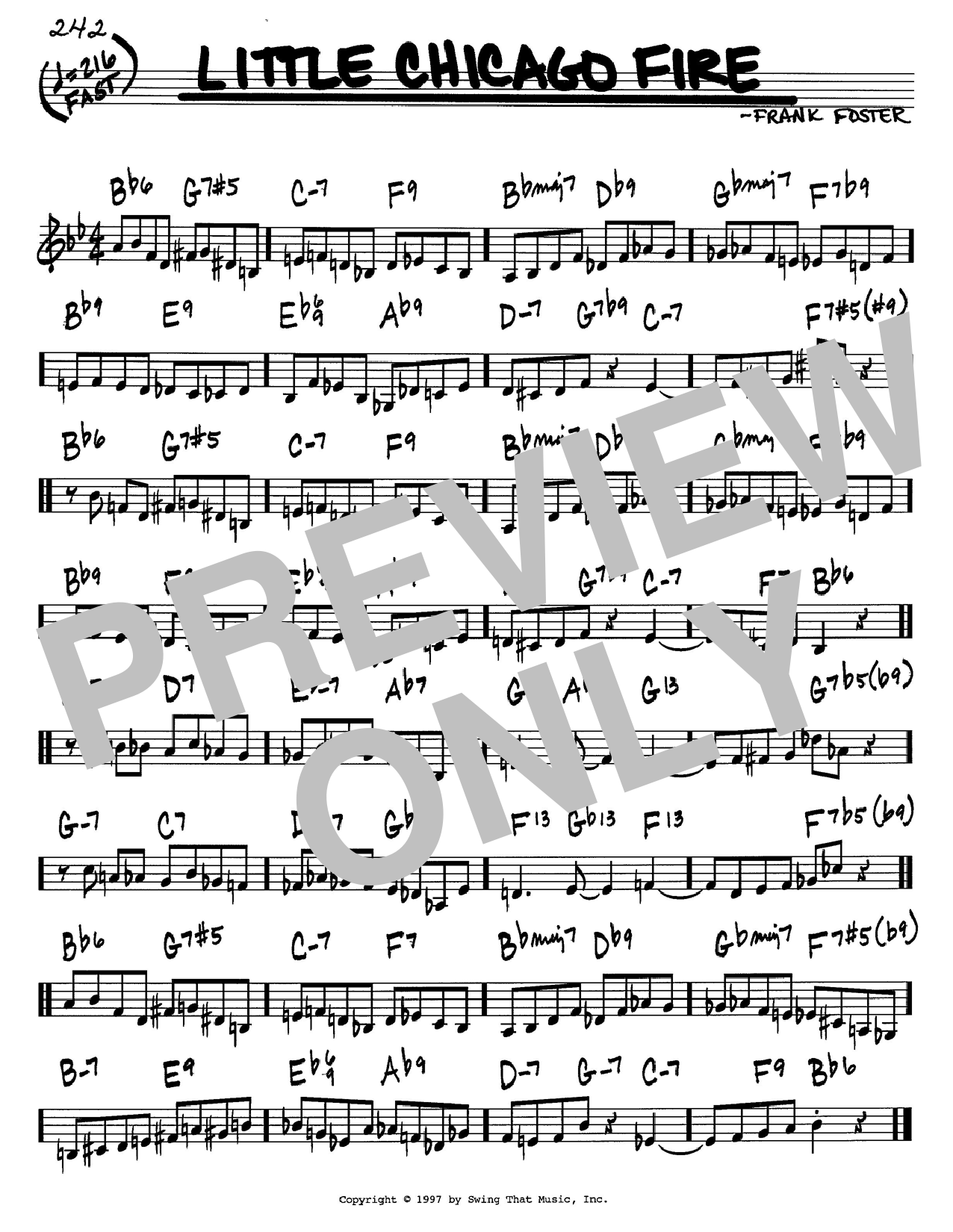 Learn to play Frank Foster Little Chicago Fire sheet music for Real Book – Melody & Chords – C Instruments in minutes. Frank Foster Little Chicago Fire sheet music preview music notes and score for Real Book – Melody & Chords – C Instruments including 1 page(s)