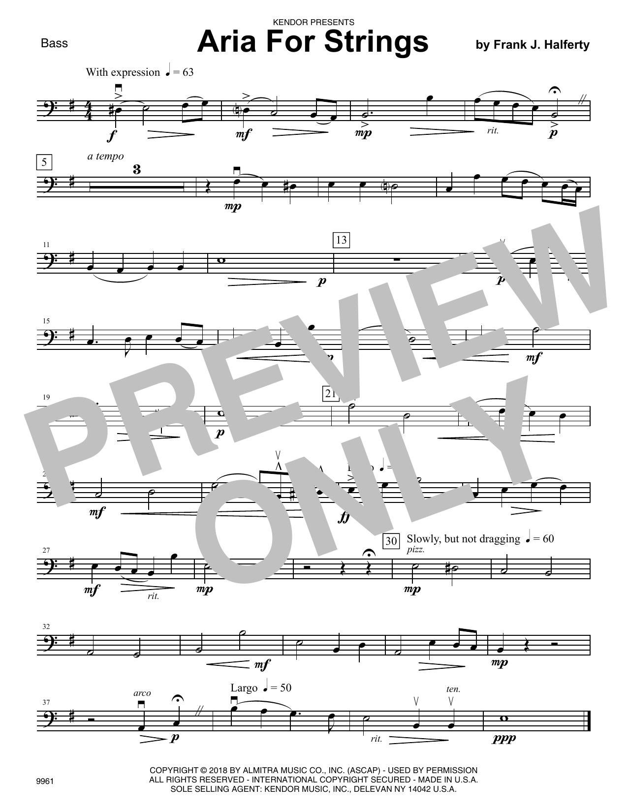 Frank J. Halferty Aria For Strings - Bass sheet music preview music notes and score for Orchestra including 1 page(s)