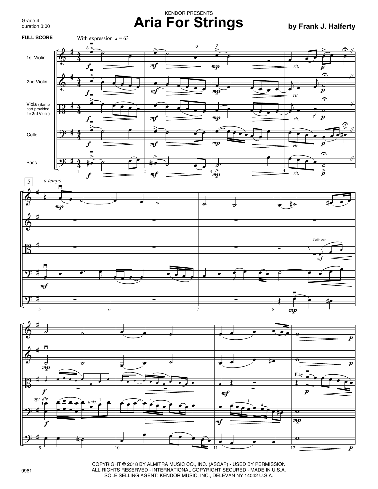 Frank J. Halferty Aria For Strings - Full Score sheet music preview music notes and score for Orchestra including 5 page(s)