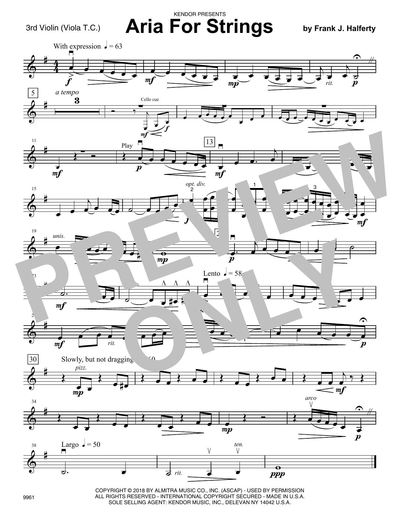 Learn to play Frank J. Halferty Aria For Strings - Violin 3 (Viola T.C.) sheet music for Orchestra in minutes. Frank J. Halferty Aria For Strings - Violin 3 (Viola T.C.) sheet music preview music notes and score for Orchestra including 1 page(s)