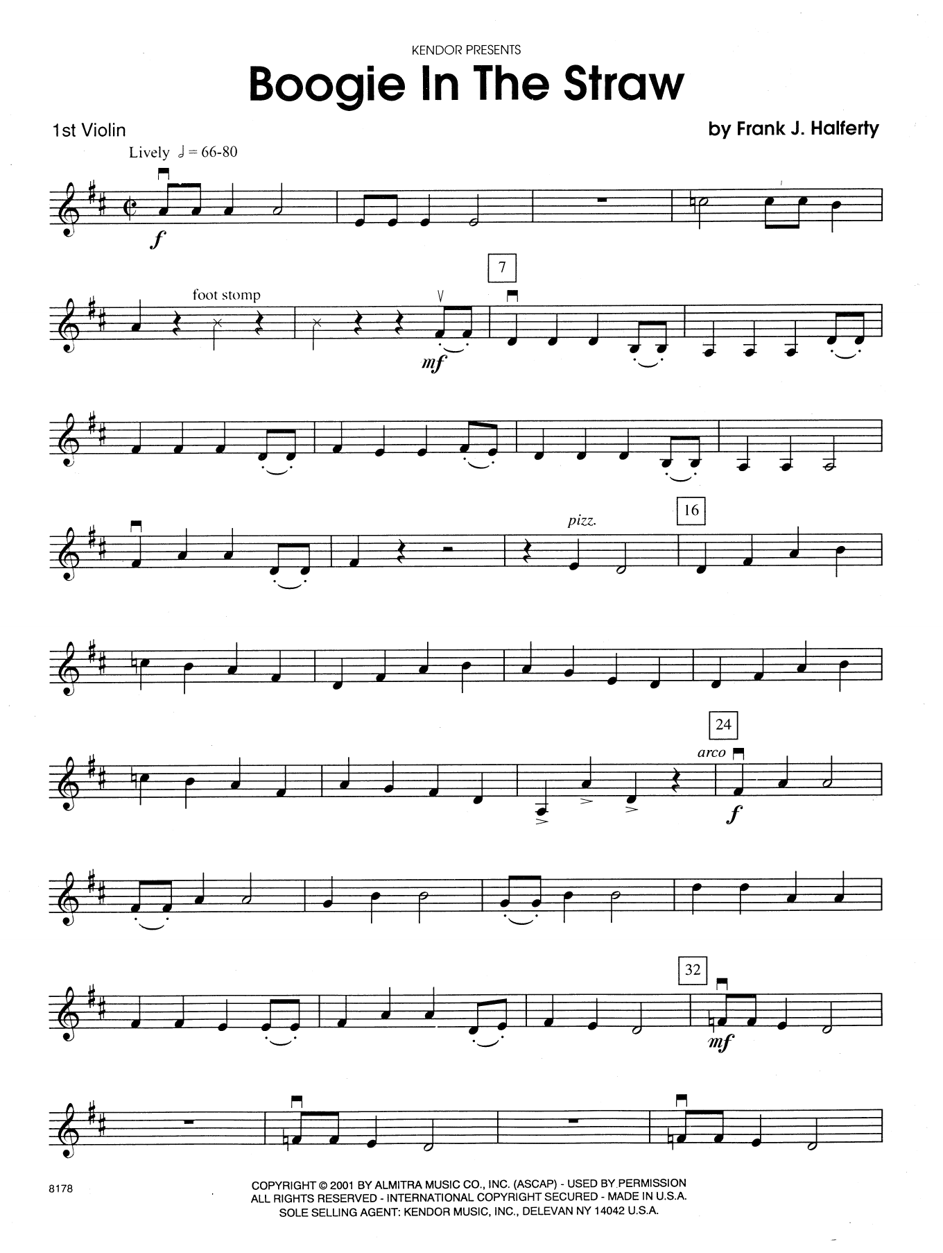 Frank J. Halferty Boogie In The Straw - 1st Violin sheet music preview music notes and score for Orchestra including 2 page(s)