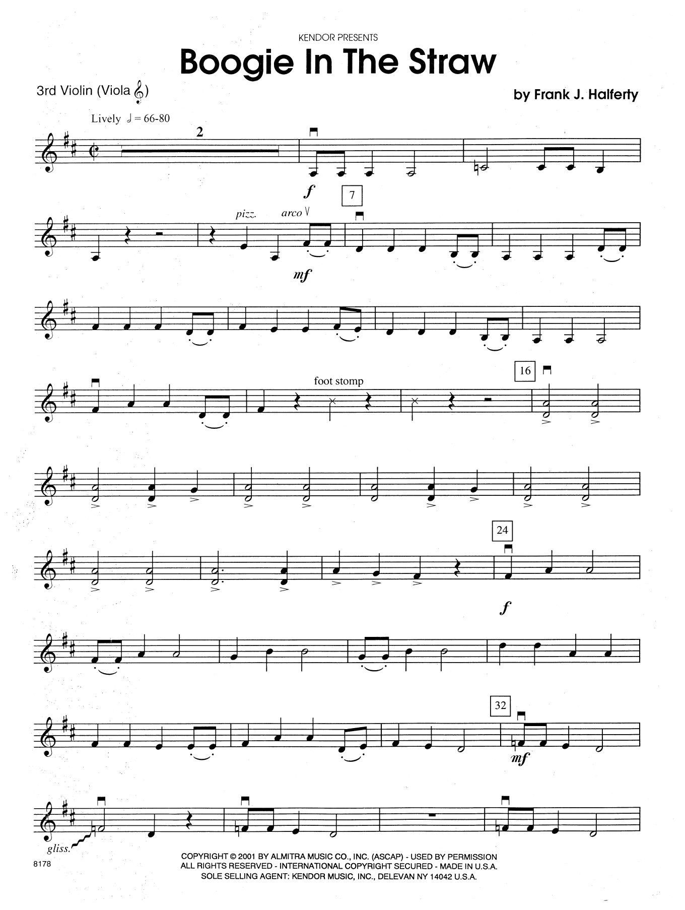 Frank J. Halferty Boogie In The Straw - Violin 3 (Viola T.C.) sheet music preview music notes and score for Orchestra including 2 page(s)