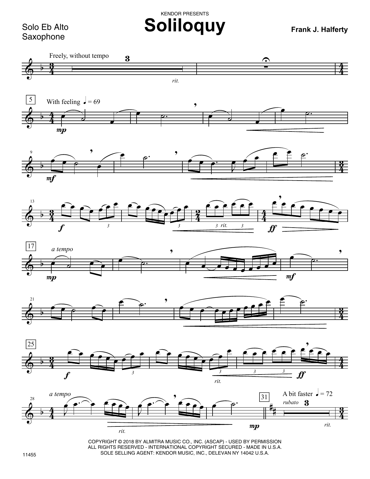Learn to play Frank J. Halferty Soliloquy - Eb Alto Saxophone sheet music for Woodwind Solo in minutes. Frank J. Halferty Soliloquy - Eb Alto Saxophone sheet music preview music notes and score for Woodwind Solo including 3 page(s)