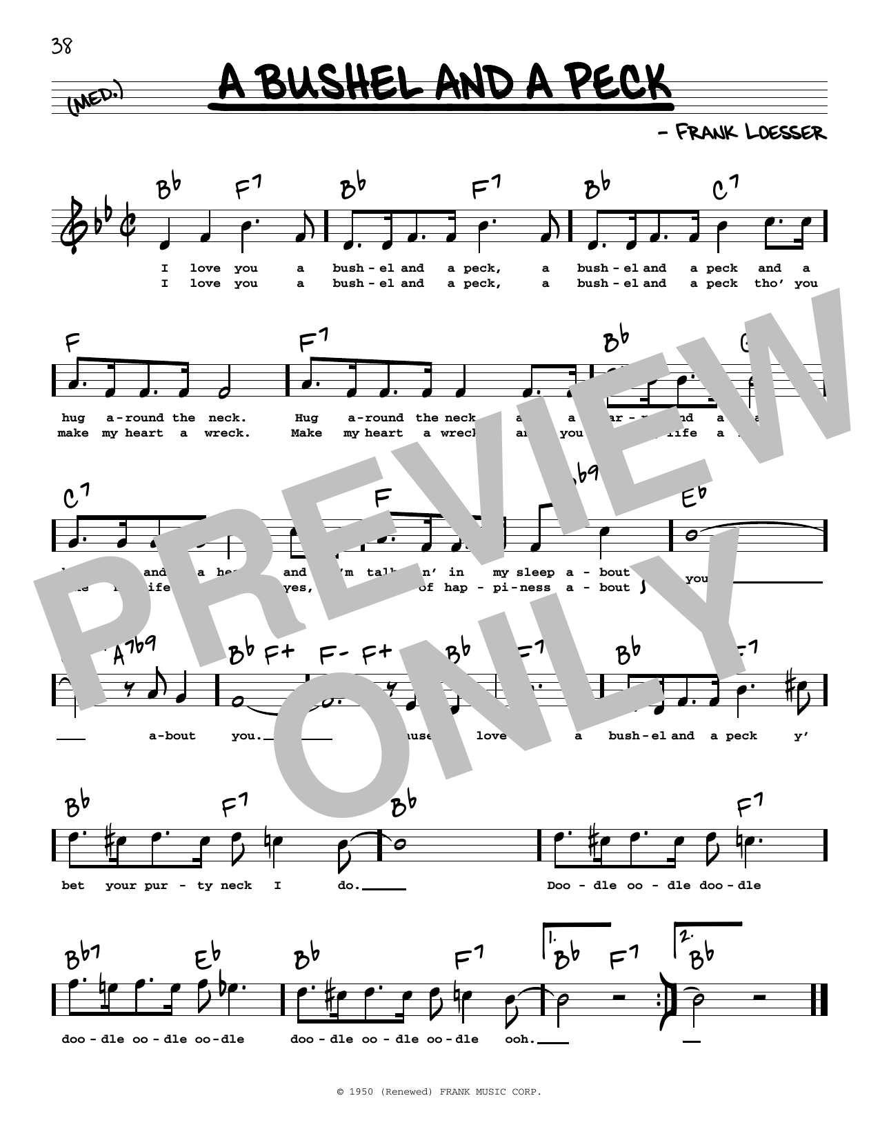 Learn to play Frank Loesser A Bushel And A Peck (High Voice) (from Guys And Dolls) sheet music for Real Book – Melody, Lyrics & Chords in minutes. Frank Loesser A Bushel And A Peck (High Voice) (from Guys And Dolls) sheet music preview music notes and score for Real Book – Melody, Lyrics & Chords including 1 page(s)