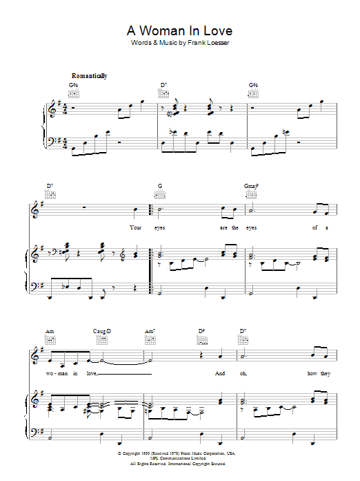 Learn to play Frank Loesser A Woman In Love sheet music for Piano, Vocal & Guitar (Right-Hand Melody) in minutes. Frank Loesser A Woman In Love sheet music preview music notes and score for Piano, Vocal & Guitar (Right-Hand Melody) including 4 page(s)
