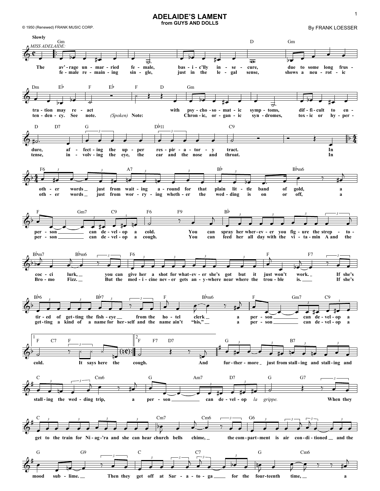 Learn to play Frank Loesser Adelaide's Lament sheet music for Lead Sheet / Fake Book in minutes. Frank Loesser Adelaide's Lament sheet music preview music notes and score for Lead Sheet / Fake Book including 2 page(s)