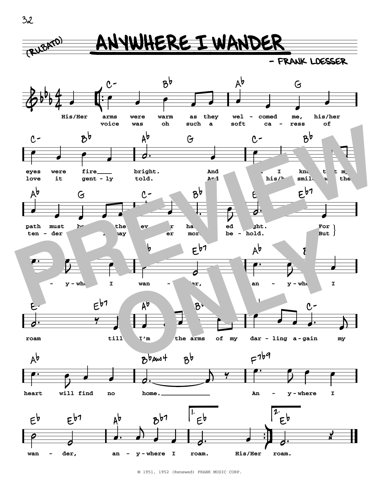 Learn to play Frank Loesser Anywhere I Wander (High Voice) (from Hans Christian Andersen) sheet music for Real Book – Melody, Lyrics & Chords in minutes. Frank Loesser Anywhere I Wander (High Voice) (from Hans Christian Andersen) sheet music preview music notes and score for Real Book – Melody, Lyrics & Chords including 1 page(s)