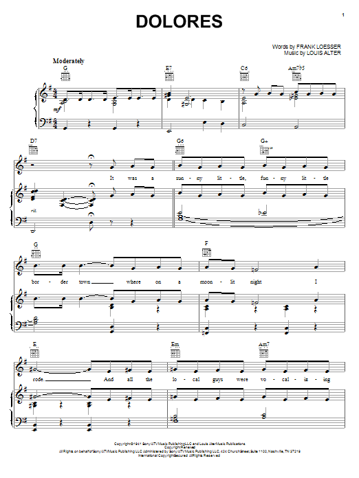 Learn to play Frank Loesser Dolores sheet music for Piano, Vocal & Guitar (Right-Hand Melody) in minutes. Frank Loesser Dolores sheet music notes and chords