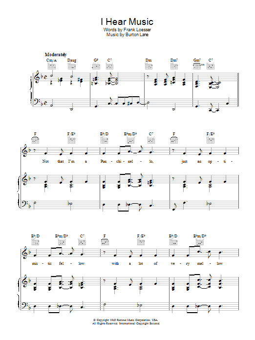 Learn to play Frank Loesser I Hear Music sheet music for Piano, Vocal & Guitar (Right-Hand Melody) in minutes. Frank Loesser I Hear Music sheet music preview music notes and score for Piano, Vocal & Guitar (Right-Hand Melody) including 5 page(s)