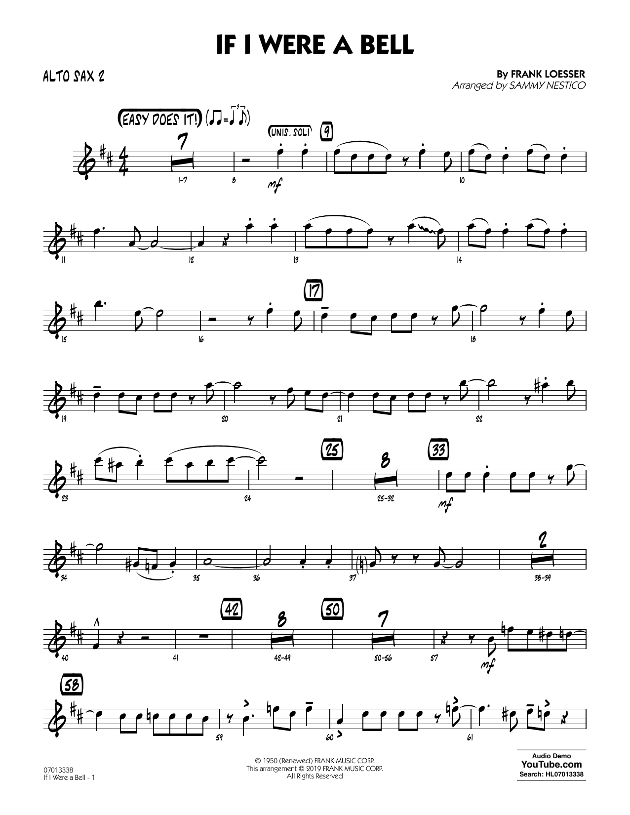 Learn to play Frank Loesser If I Were a Bell (arr. Sammy Nestico) - Alto Sax 2 sheet music for Jazz Ensemble in minutes. Frank Loesser If I Were a Bell (arr. Sammy Nestico) - Alto Sax 2 sheet music preview music notes and score for Jazz Ensemble including 2 page(s)