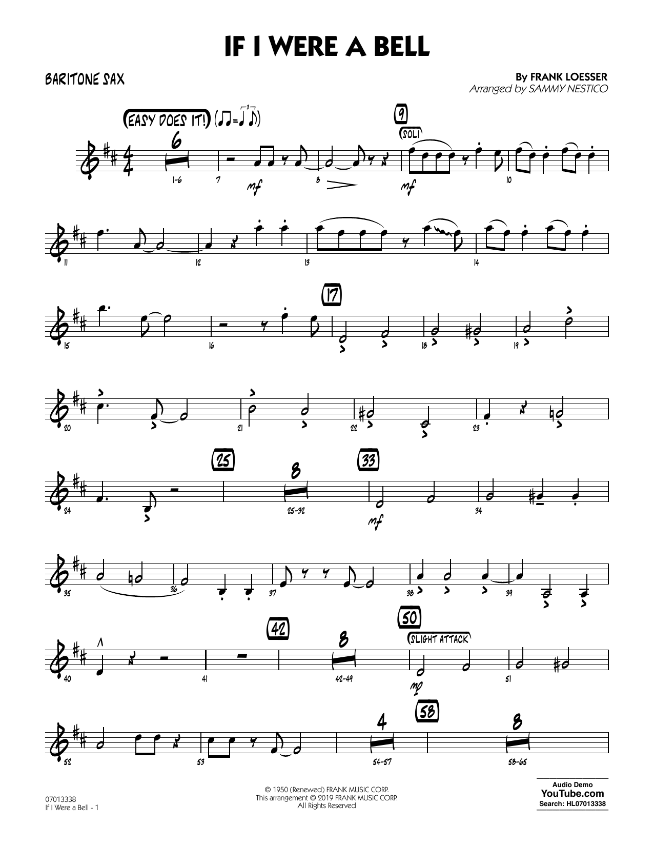 Learn to play Frank Loesser If I Were a Bell (arr. Sammy Nestico) - Baritone Sax sheet music for Jazz Ensemble in minutes. Frank Loesser If I Were a Bell (arr. Sammy Nestico) - Baritone Sax sheet music preview music notes and score for Jazz Ensemble including 2 page(s)