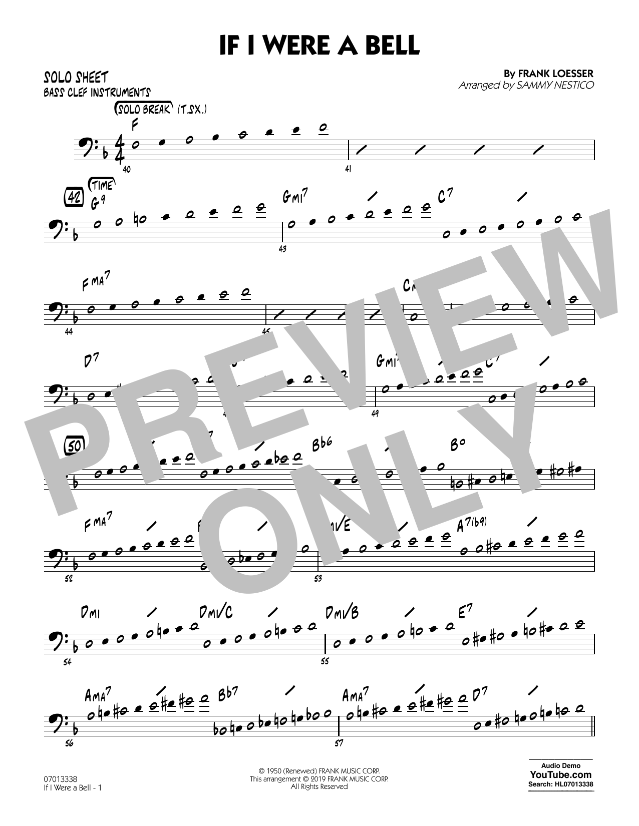 Learn to play Frank Loesser If I Were a Bell (arr. Sammy Nestico) - Bass Clef Solo Sheet sheet music for Jazz Ensemble in minutes. Frank Loesser If I Were a Bell (arr. Sammy Nestico) - Bass Clef Solo Sheet sheet music preview music notes and score for Jazz Ensemble including 1 page(s)