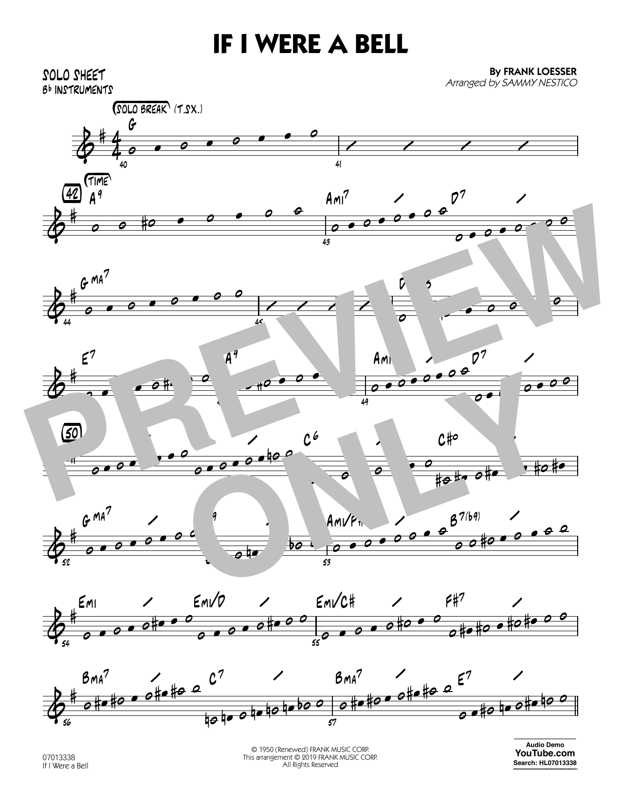 Learn to play Frank Loesser If I Were a Bell (arr. Sammy Nestico) - Bb Solo Sheet sheet music for Jazz Ensemble in minutes. Frank Loesser If I Were a Bell (arr. Sammy Nestico) - Bb Solo Sheet sheet music preview music notes and score for Jazz Ensemble including 1 page(s)