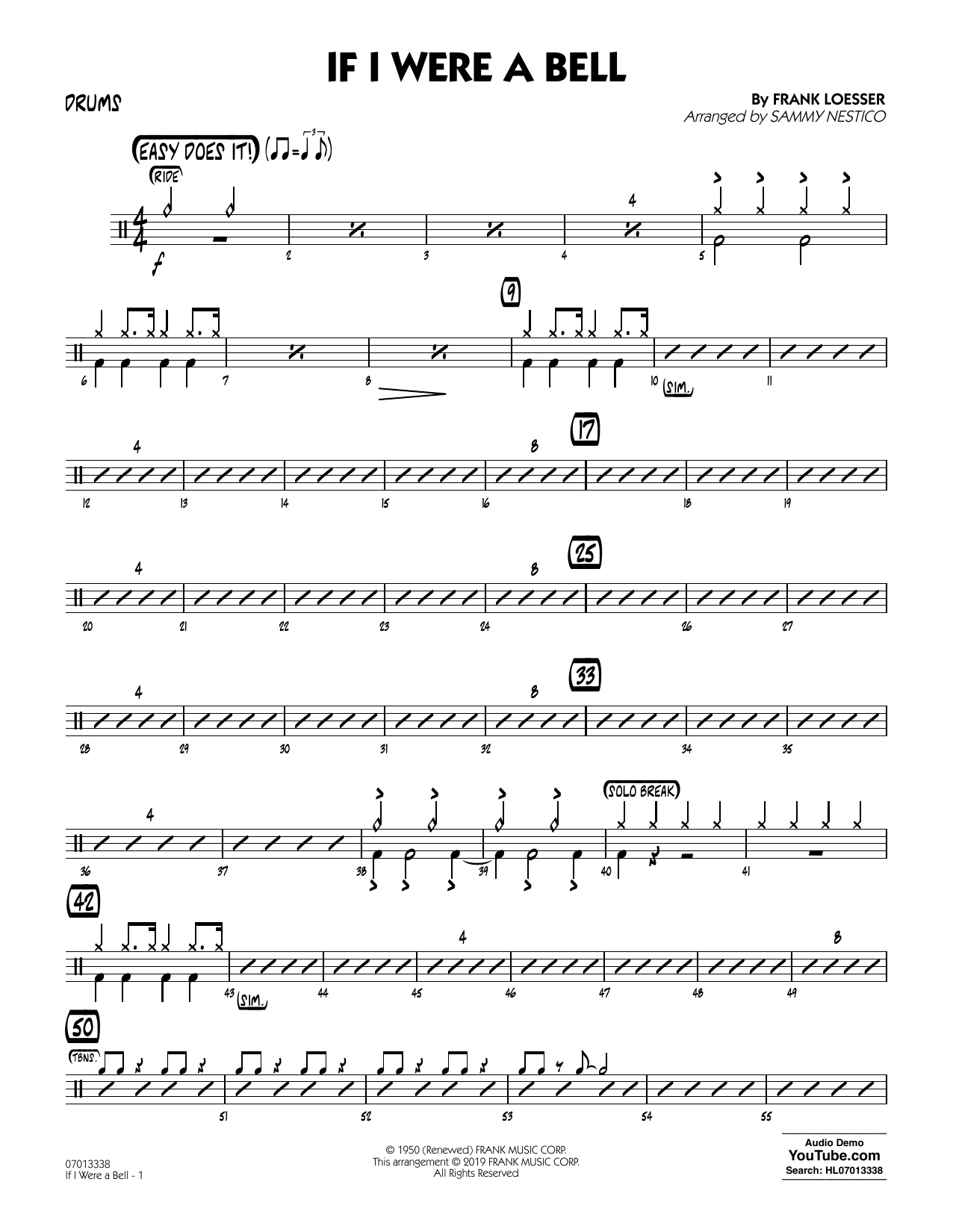 Frank Loesser If I Were a Bell (arr. Sammy Nestico) - Drums sheet music preview music notes and score for Jazz Ensemble including 2 page(s)