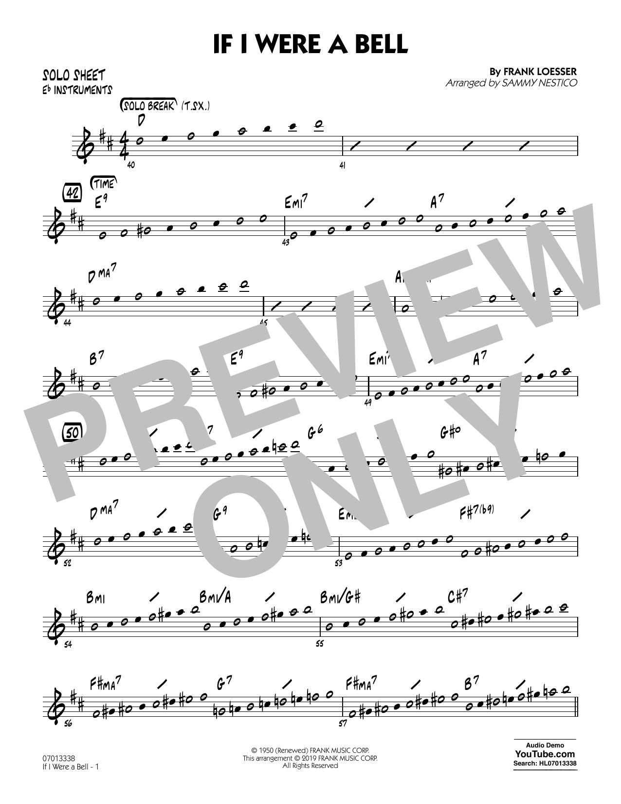 Learn to play Frank Loesser If I Were a Bell (arr. Sammy Nestico) - Eb Solo Sheet sheet music for Jazz Ensemble in minutes. Frank Loesser If I Were a Bell (arr. Sammy Nestico) - Eb Solo Sheet sheet music preview music notes and score for Jazz Ensemble including 1 page(s)