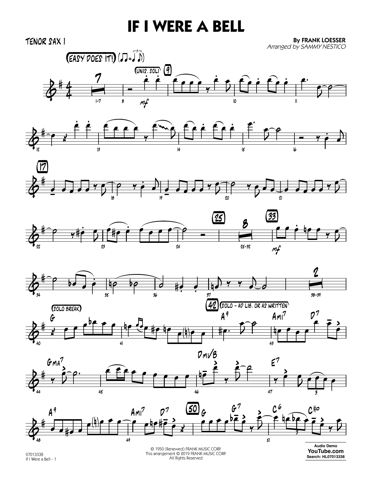 Learn to play Frank Loesser If I Were a Bell (arr. Sammy Nestico) - Tenor Sax 1 sheet music for Jazz Ensemble in minutes. Frank Loesser If I Were a Bell (arr. Sammy Nestico) - Tenor Sax 1 sheet music preview music notes and score for Jazz Ensemble including 2 page(s)