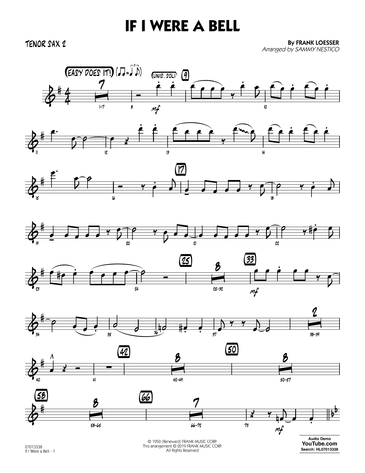 Learn to play Frank Loesser If I Were a Bell (arr. Sammy Nestico) - Tenor Sax 2 sheet music for Jazz Ensemble in minutes. Frank Loesser If I Were a Bell (arr. Sammy Nestico) - Tenor Sax 2 sheet music preview music notes and score for Jazz Ensemble including 2 page(s)