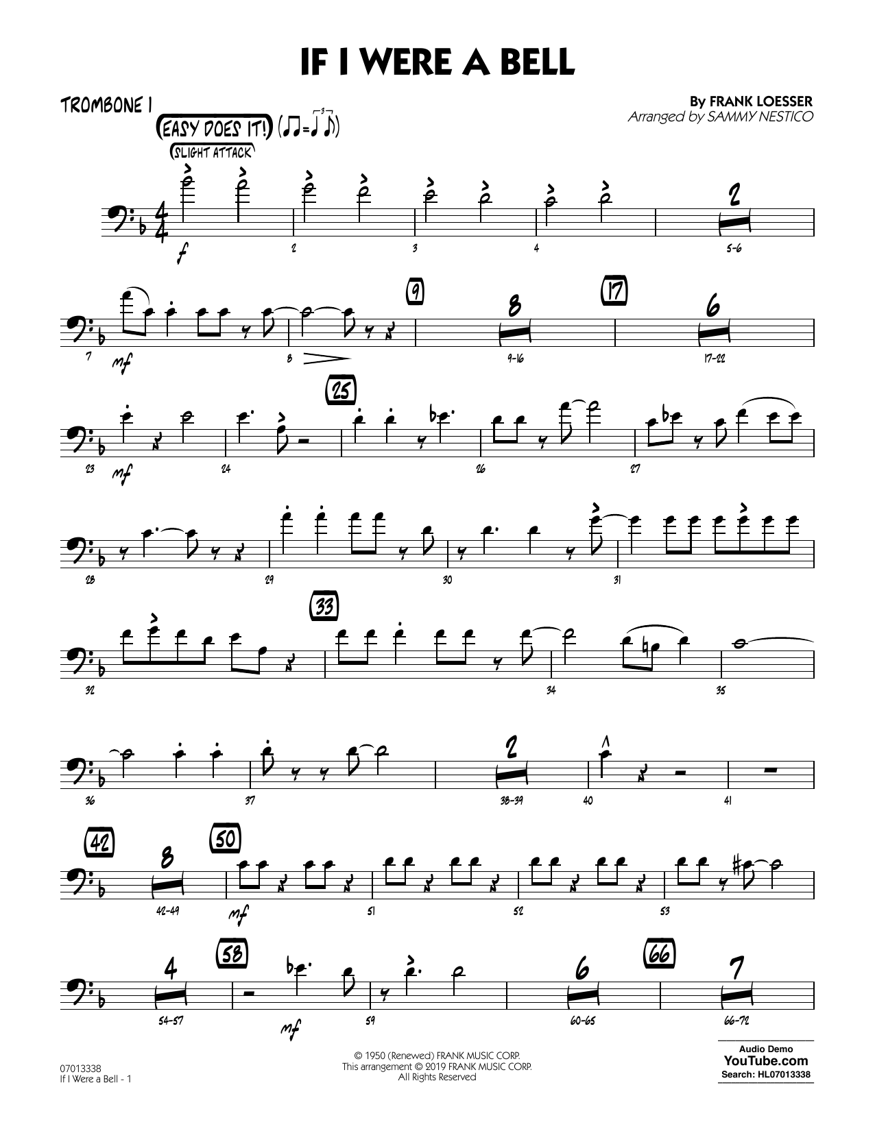 Learn to play Frank Loesser If I Were a Bell (arr. Sammy Nestico) - Trombone 1 sheet music for Jazz Ensemble in minutes. Frank Loesser If I Were a Bell (arr. Sammy Nestico) - Trombone 1 sheet music preview music notes and score for Jazz Ensemble including 2 page(s)