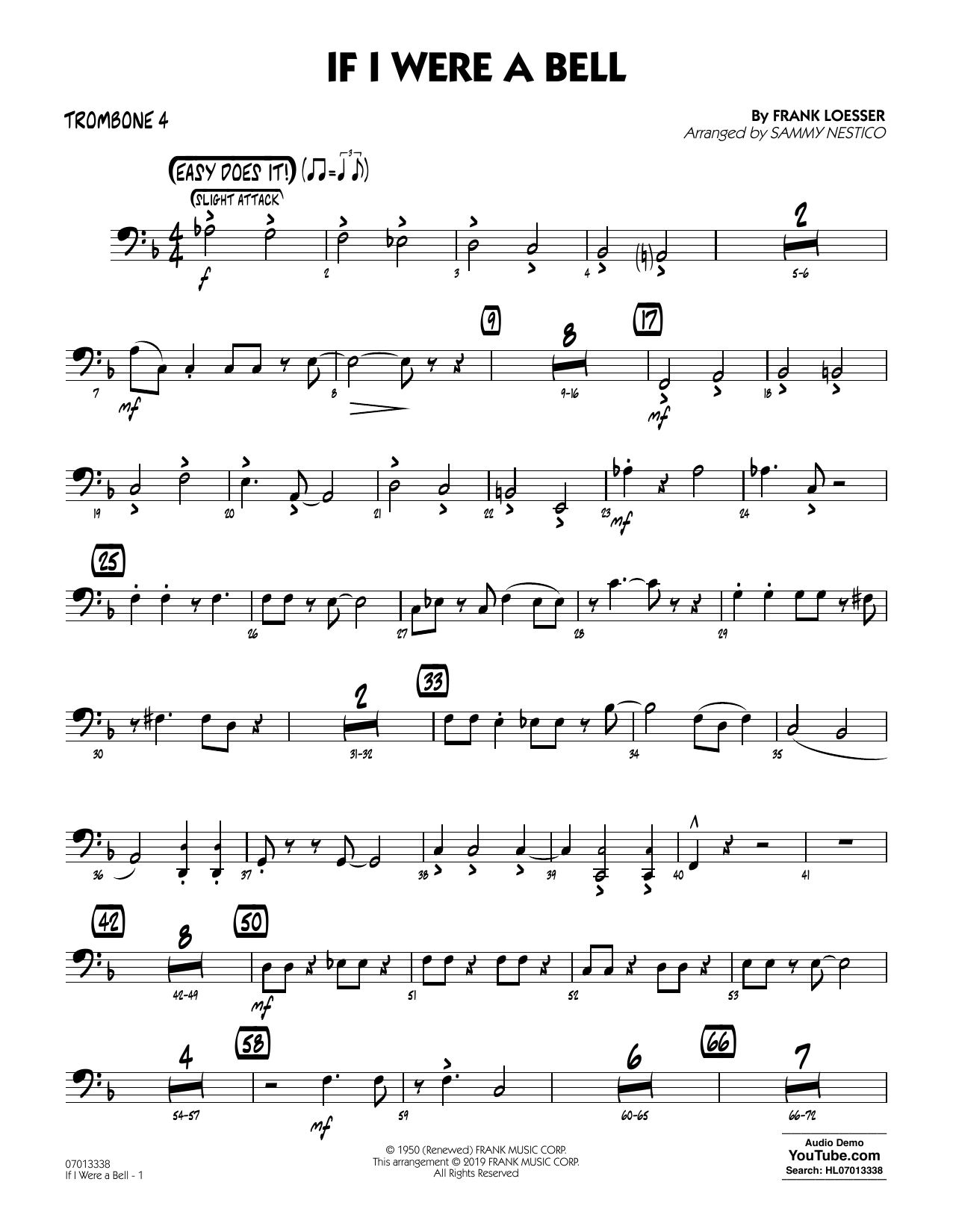 Learn to play Frank Loesser If I Were a Bell (arr. Sammy Nestico) - Trombone 4 sheet music for Jazz Ensemble in minutes. Frank Loesser If I Were a Bell (arr. Sammy Nestico) - Trombone 4 sheet music preview music notes and score for Jazz Ensemble including 2 page(s)